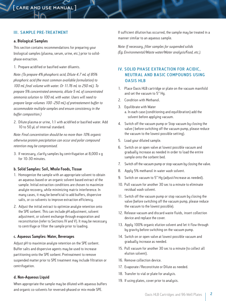 Care and use manual | Waters Oasis HLB Cartridges and 96-Well Plates User Manual | Page 2 / 6