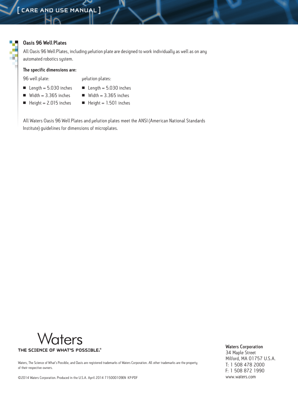 Care and use manual | Waters Oasis HLB Cartridges and 96-Well Plates User Manual | Page 6 / 6