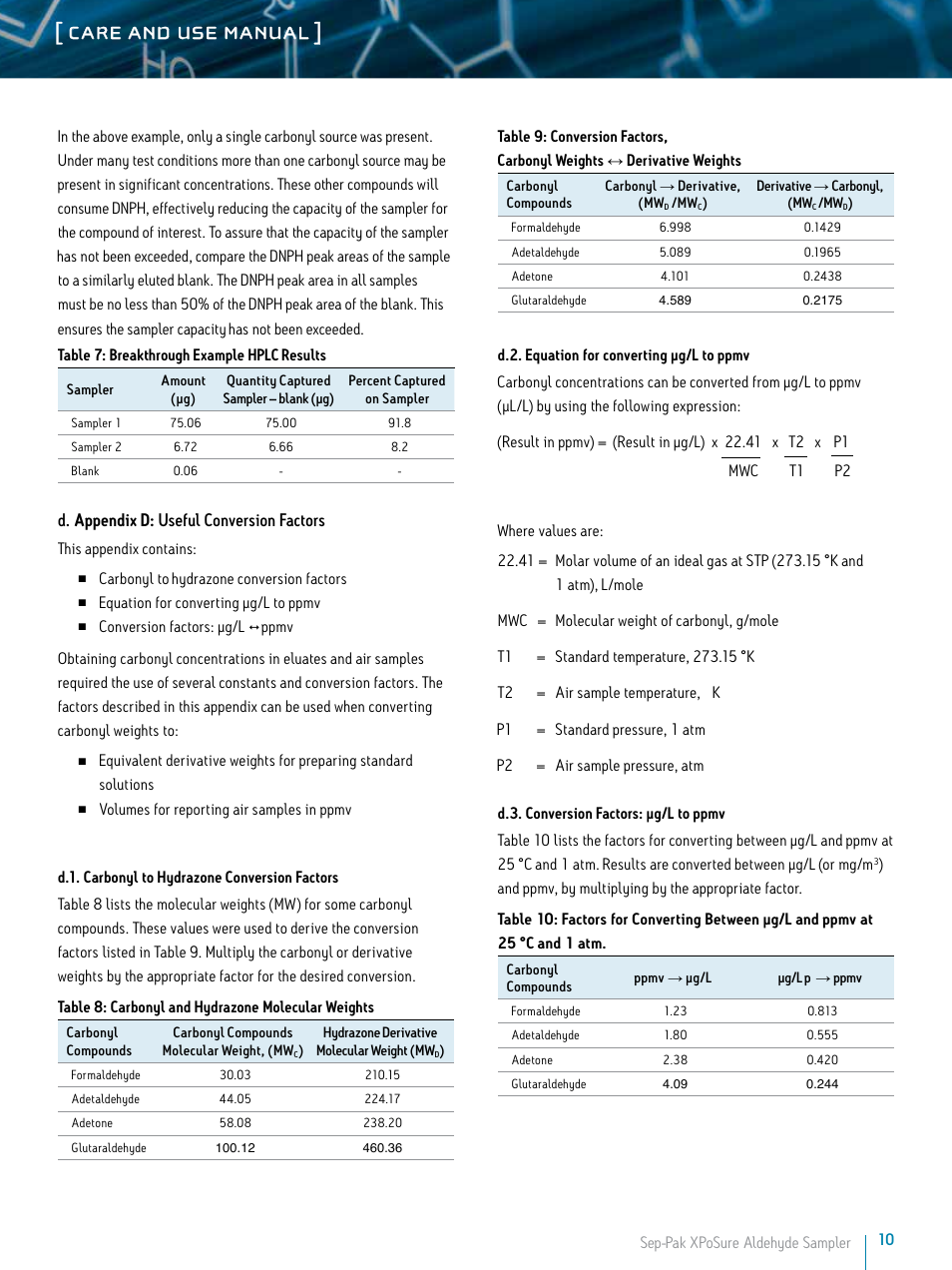 Care and use manual, D. appendix d: useful conversion factors | Waters Sep-Pak XPoSure Aldehyde Sampler User Manual | Page 10 / 11