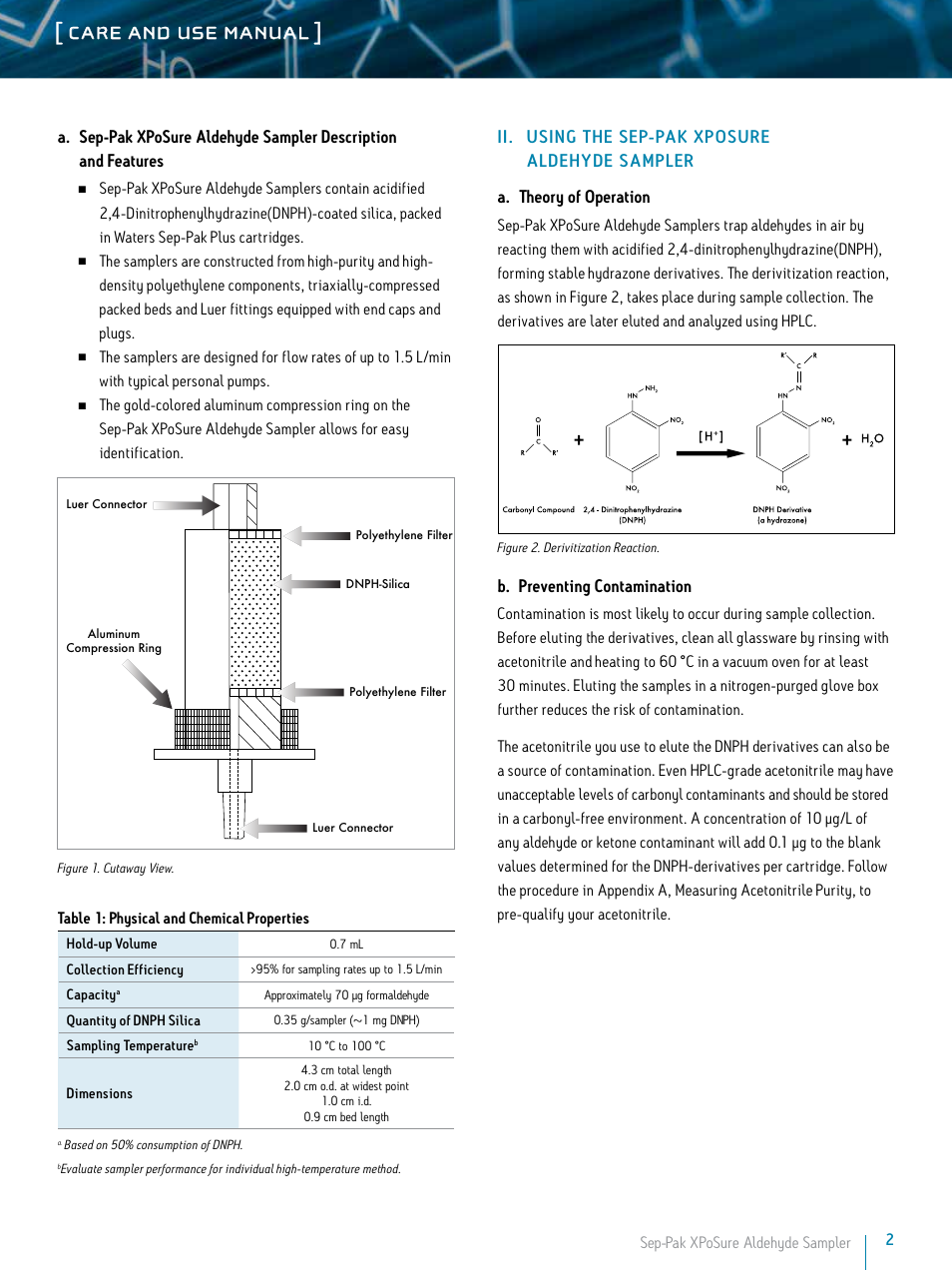 Care and use manual, B. preventing contamination | Waters Sep-Pak XPoSure Aldehyde Sampler User Manual | Page 2 / 11