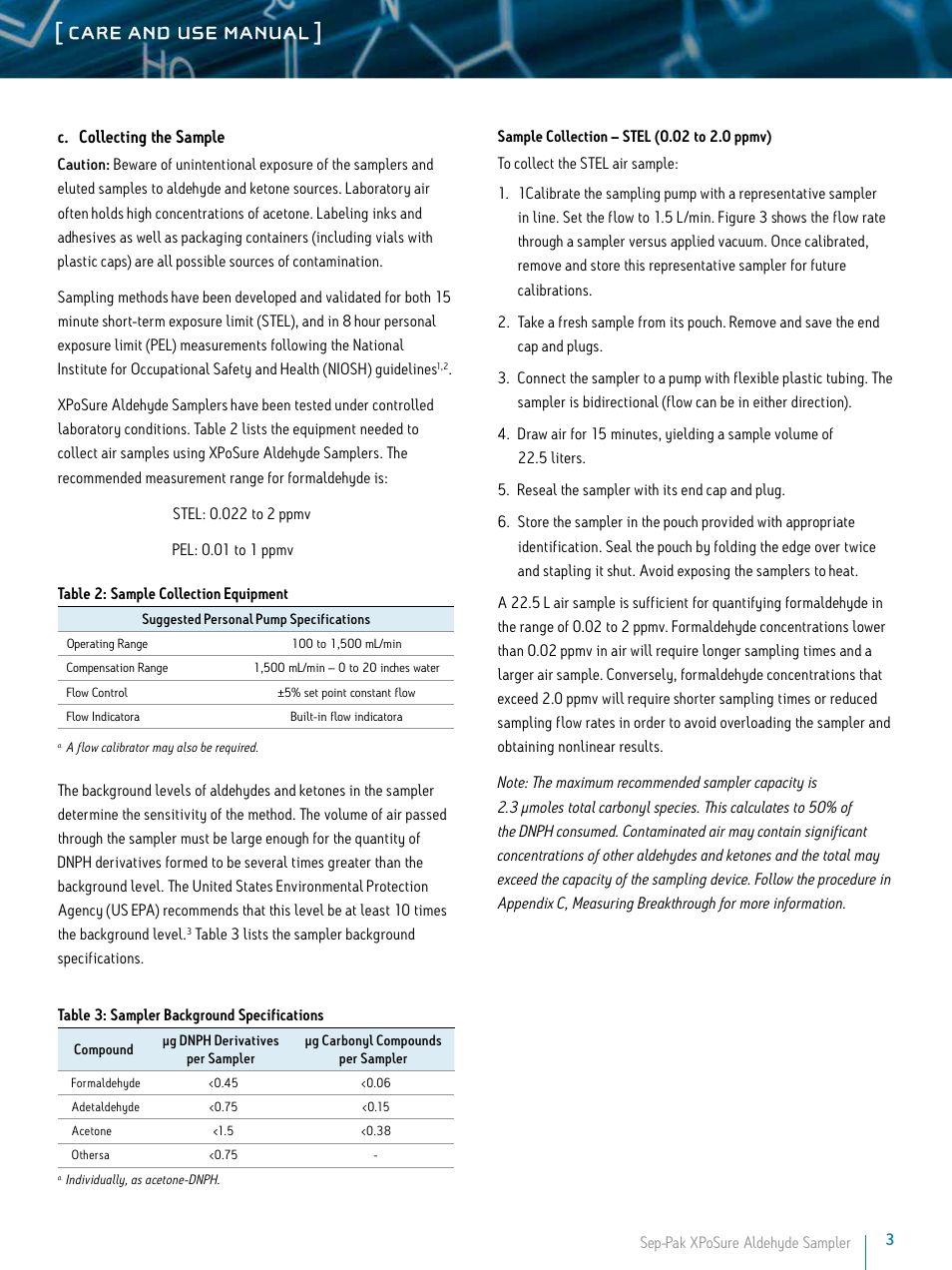 Care and use manual | Waters Sep-Pak XPoSure Aldehyde Sampler User Manual | Page 3 / 11