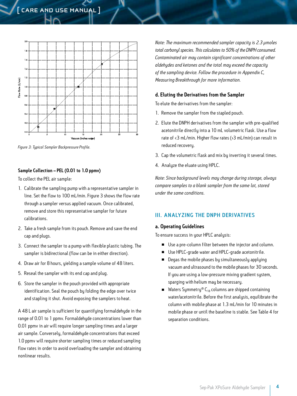 Care and use manual, D. eluting the derivatives from the sampler, Use hplc-grade water and hplc-grade acetonitrile | Waters symmetry, Sep-pak xposure aldehyde sampler | Waters Sep-Pak XPoSure Aldehyde Sampler User Manual | Page 4 / 11