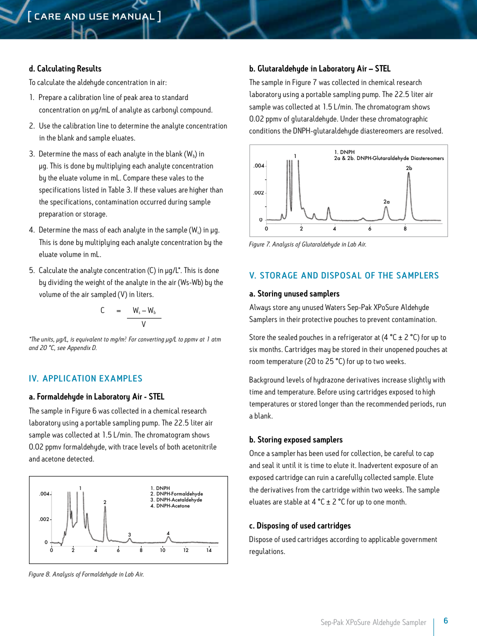 Care and use manual, D. calculating results, B. glutaraldehyde in laboratory air – stel | B. storing exposed samplers, C. disposing of used cartridges, Sep-pak xposure aldehyde sampler | Waters Sep-Pak XPoSure Aldehyde Sampler User Manual | Page 6 / 11