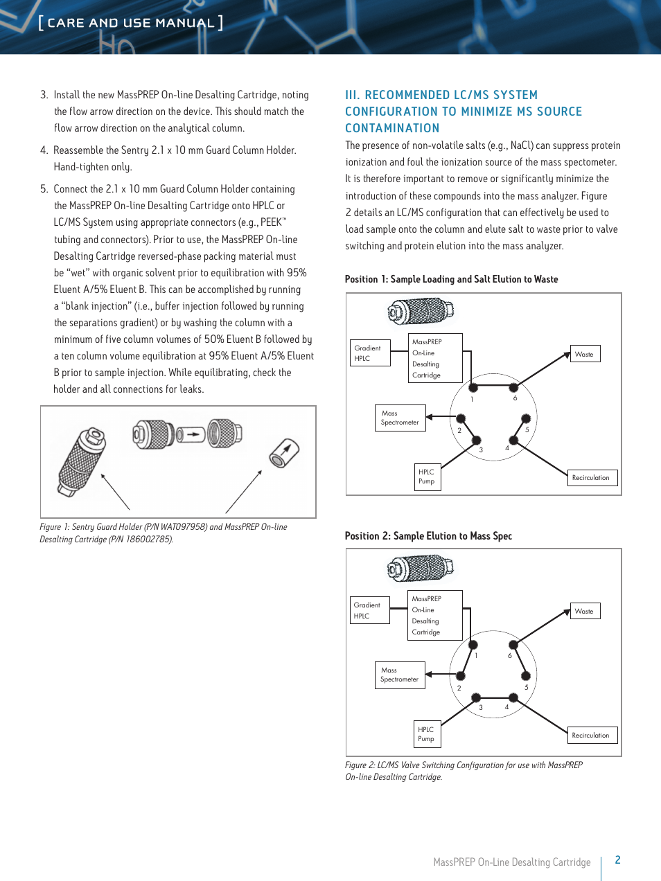 Care and use manual, Position 2: sample elution to mass spec, Massprep on-line desalting cartridge | Waters MassPREP Online Desalting Cartridge User Manual | Page 2 / 5