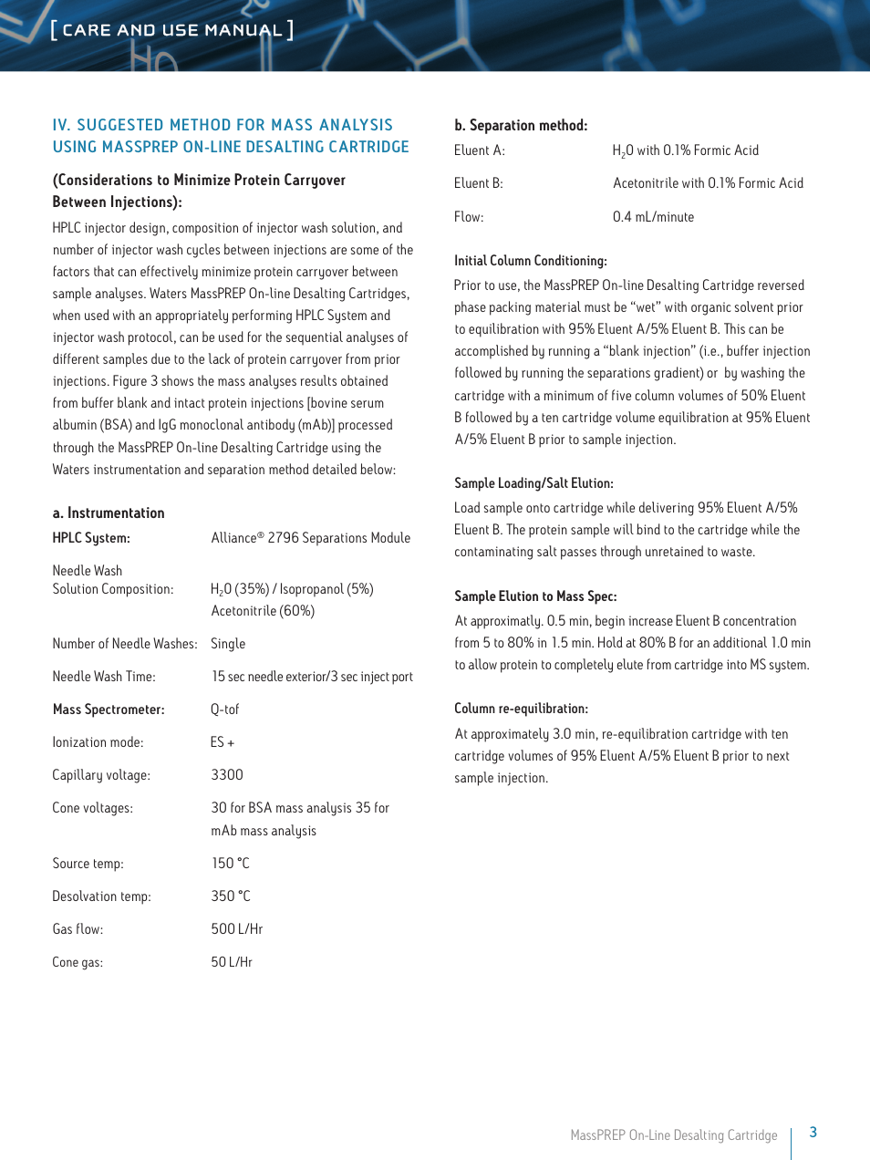 Care and use manual | Waters MassPREP Online Desalting Cartridge User Manual | Page 3 / 5