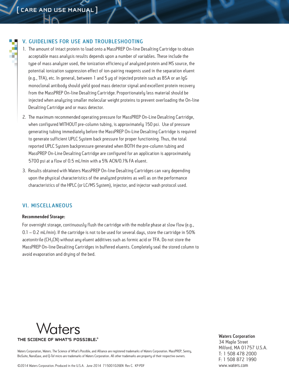 Care and use manual | Waters MassPREP Online Desalting Cartridge User Manual | Page 5 / 5