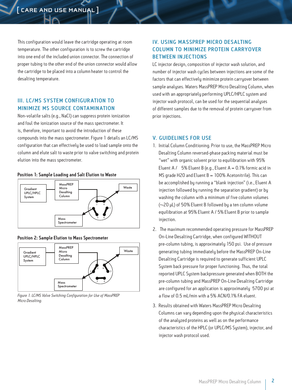 Care and use manual, V. guidelines for use | Waters MassPREP Micro Desalting Column User Manual | Page 2 / 3
