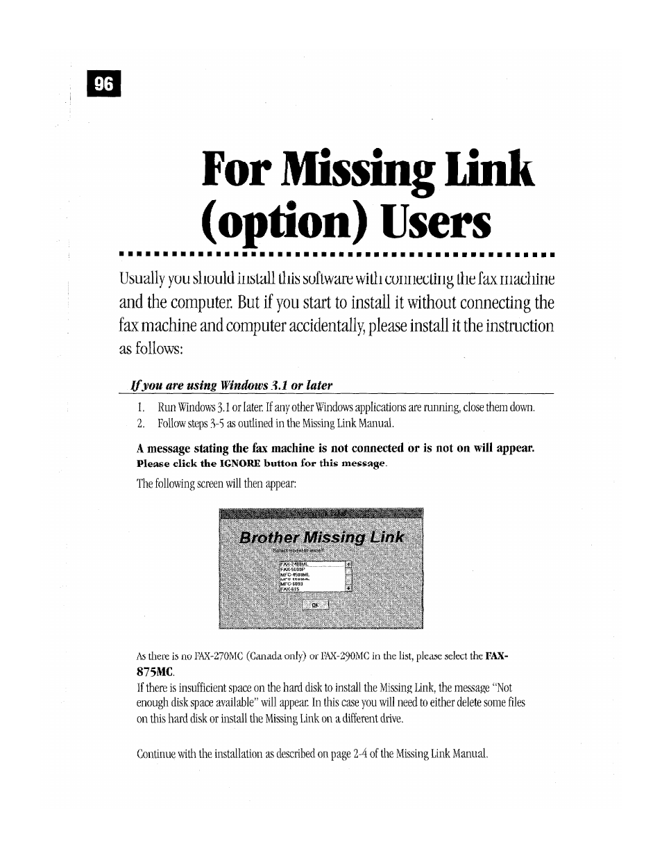 For missing link (option) users | Brother MFC-370MC User Manual | Page 104 / 108