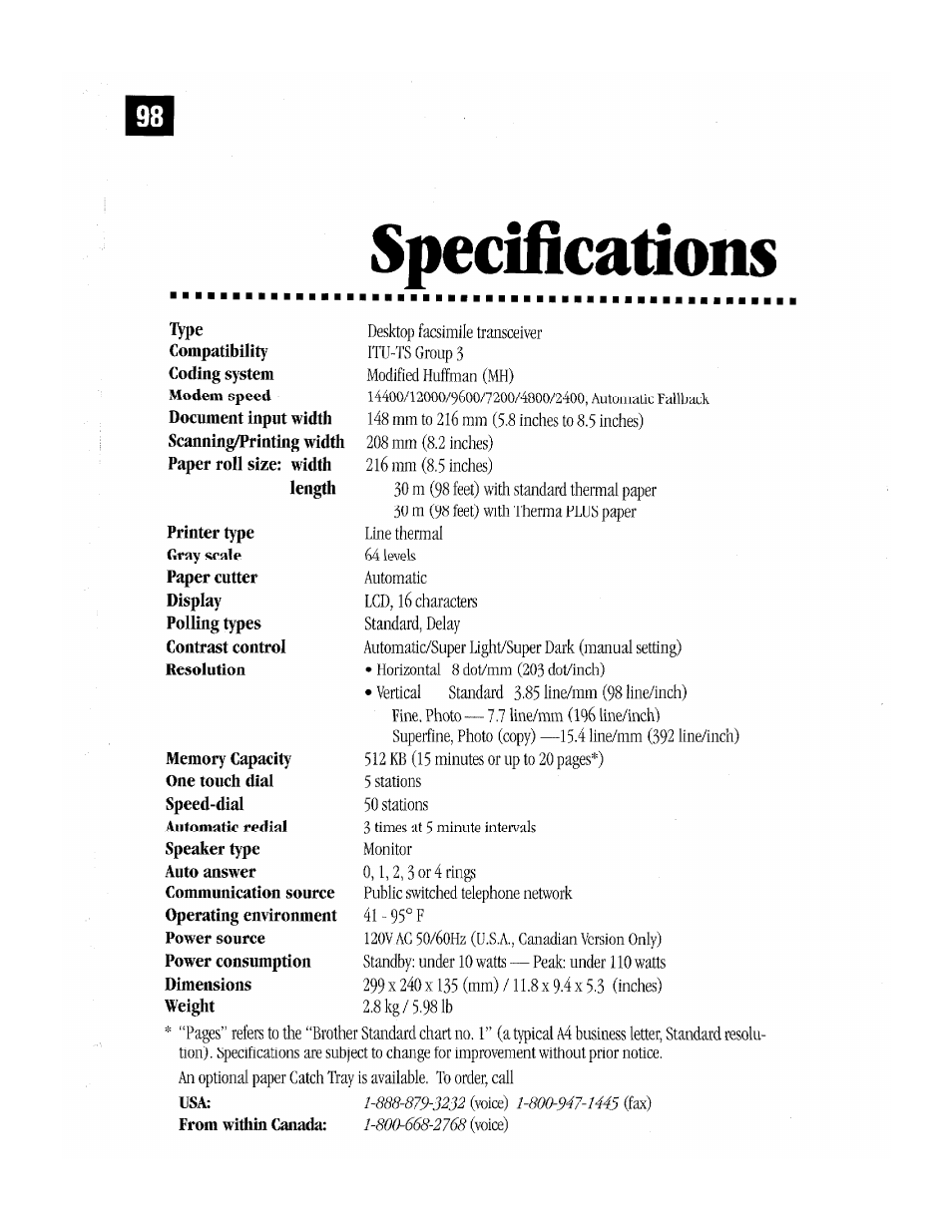 Specifications | Brother MFC-370MC User Manual | Page 106 / 108