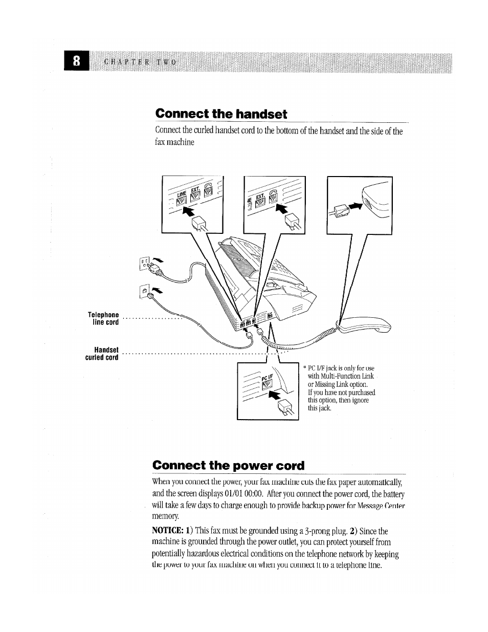 Connect the handset, Connect the power cord | Brother MFC-370MC User Manual | Page 16 / 108