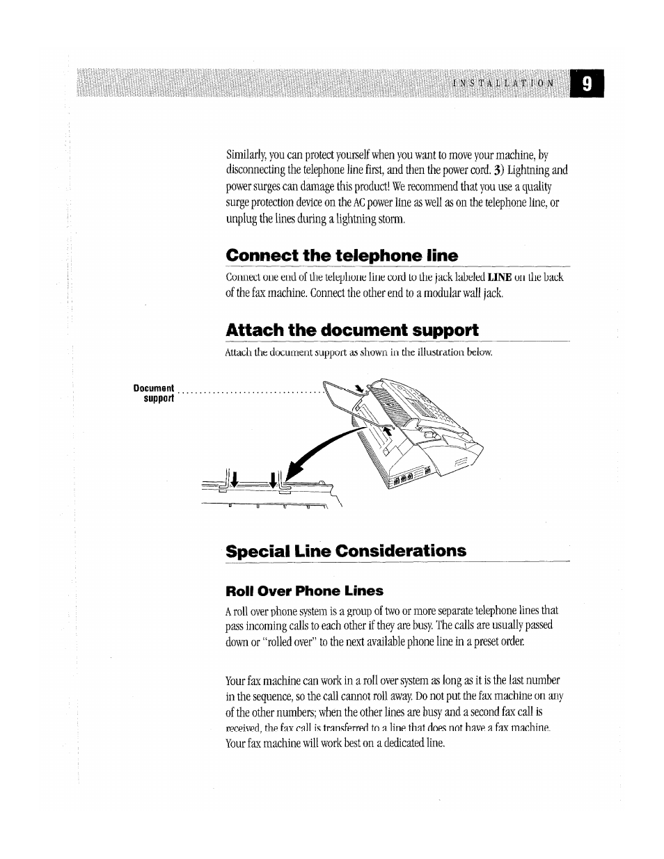 Connect the telephone line, Special line considerations, Attach the document support | Roll over phone lines | Brother MFC-370MC User Manual | Page 17 / 108