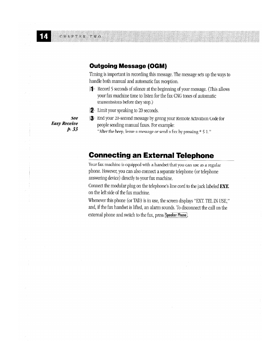 Connecting an external telephone, Outgoing message (ogm) | Brother MFC-370MC User Manual | Page 22 / 108