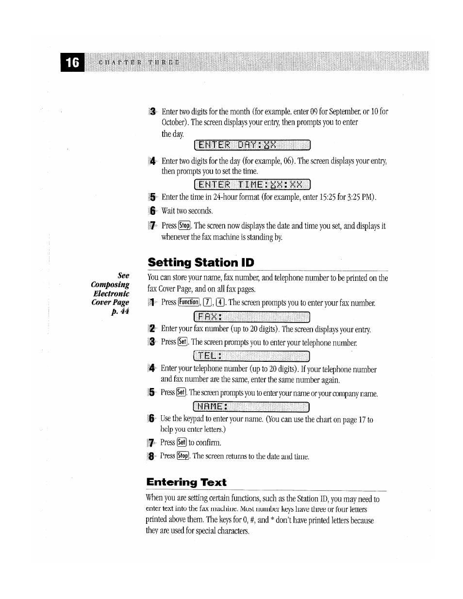 Setting station id, Entering text, Laibmii | Brother MFC-370MC User Manual | Page 24 / 108