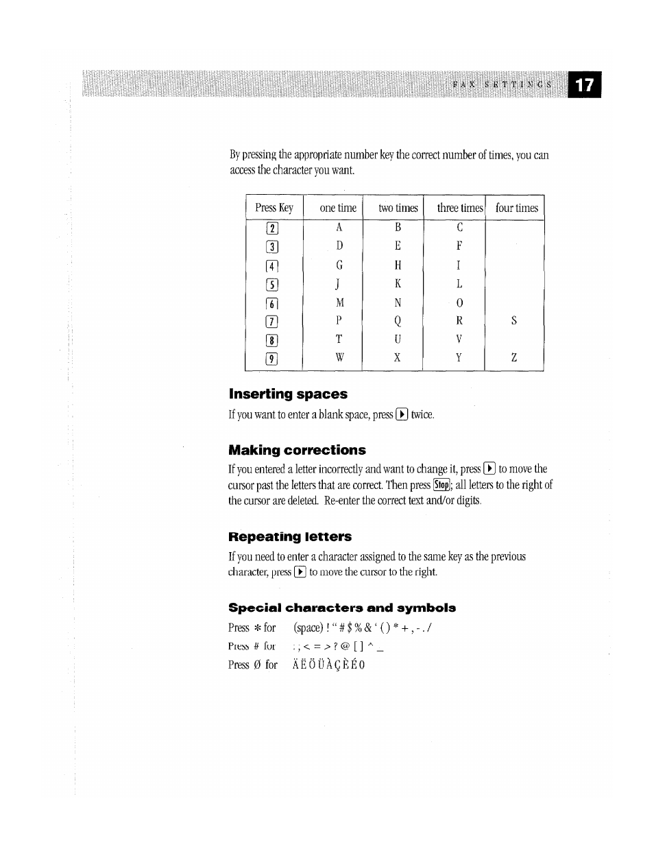 Inserting spaces, Making corrections, Repeating letters | Special characters and symbols | Brother MFC-370MC User Manual | Page 25 / 108