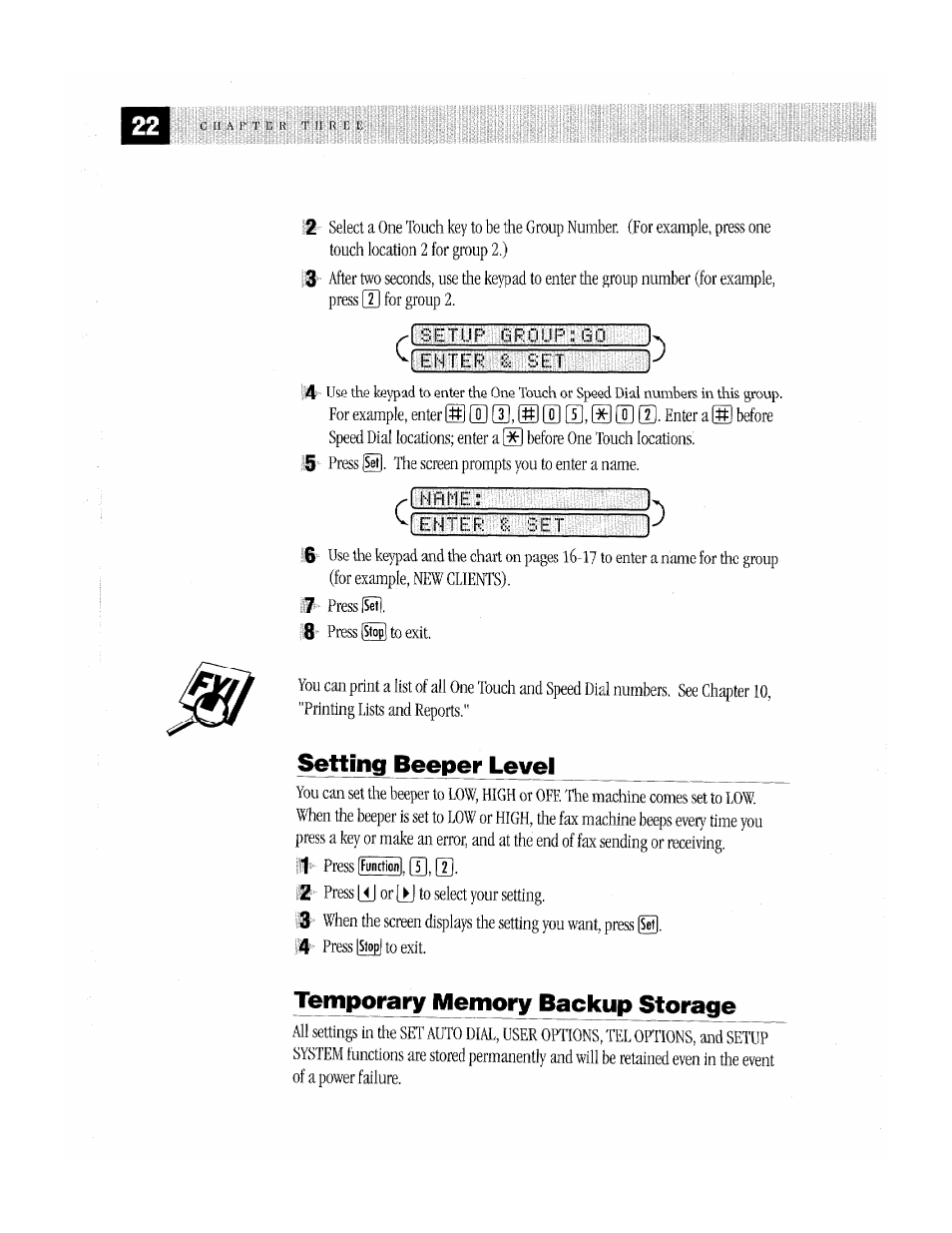 Setting beeper level, Temporary memory backup storage, Temporar)' memory backup storage | I enter: li- ^ set | Brother MFC-370MC User Manual | Page 30 / 108