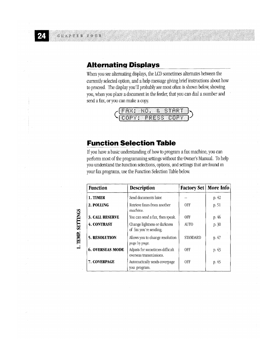 Alternating displays, Function selection table, Aiternating dispiays function selection table | Brother MFC-370MC User Manual | Page 32 / 108