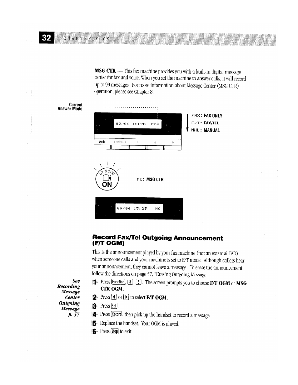 Record fax/tel outgoing announcement (f/t ogm) | Brother MFC-370MC User Manual | Page 40 / 108