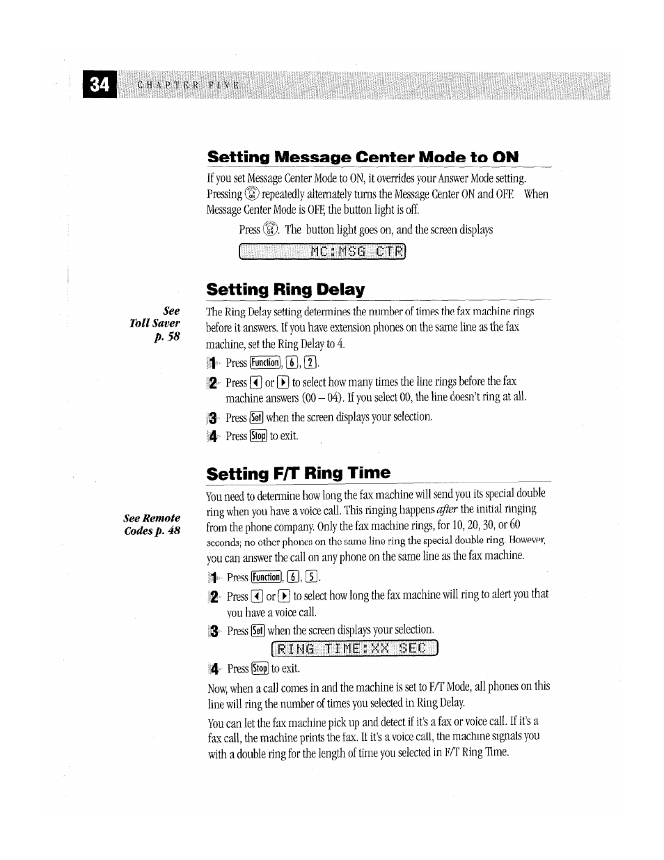 Setting message center mode to on, Setting ring delay, Setting f/t ring time | Brother MFC-370MC User Manual | Page 42 / 108