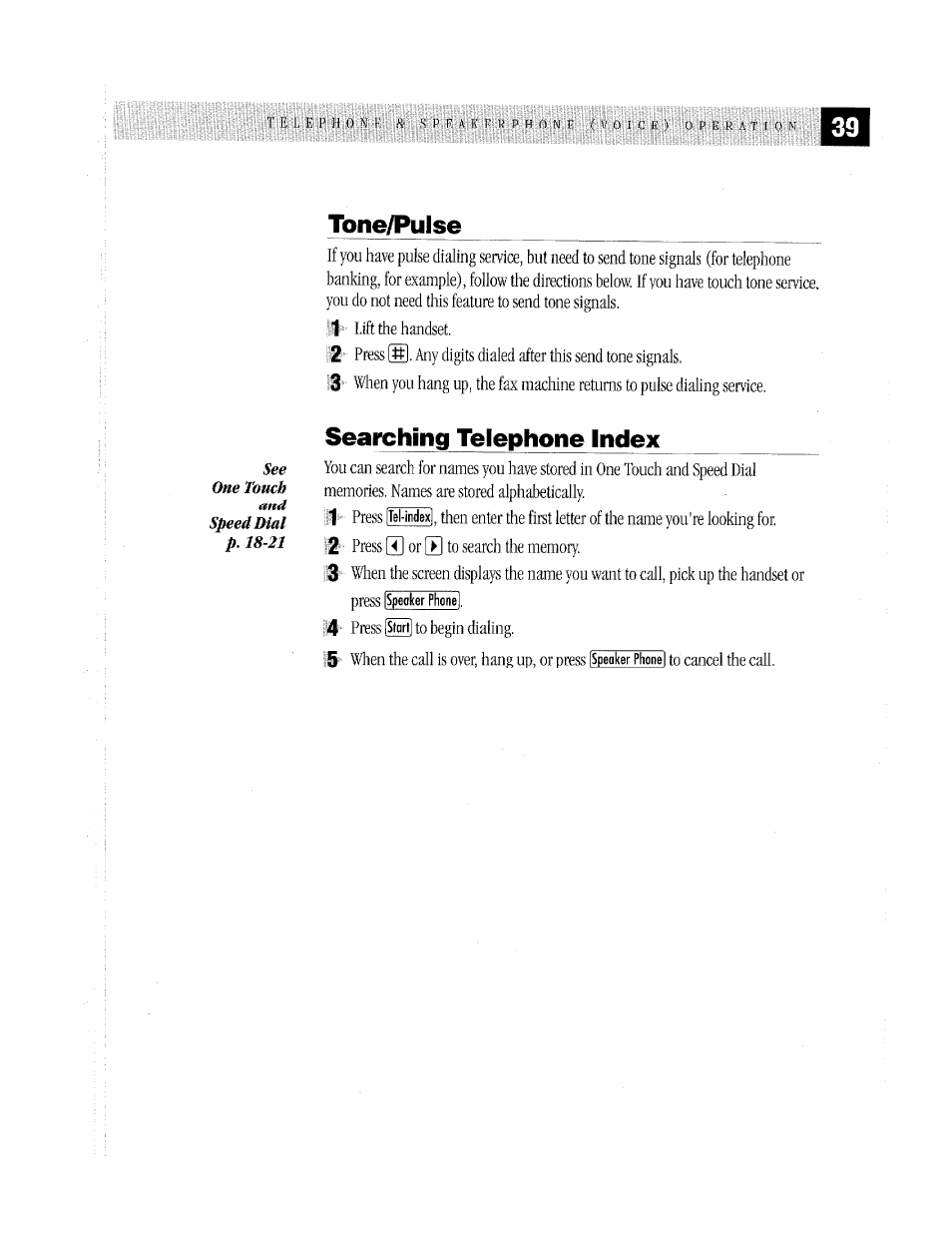 Tone/pulse, Searching telephone index | Brother MFC-370MC User Manual | Page 47 / 108