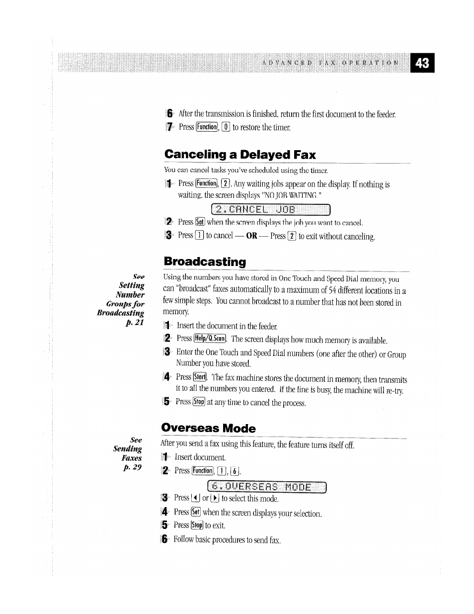 Canceling a delayed fax, Broadcasting, Overseas mode | Canceling a delayed fax broadcasting overseas mode | Brother MFC-370MC User Manual | Page 51 / 108