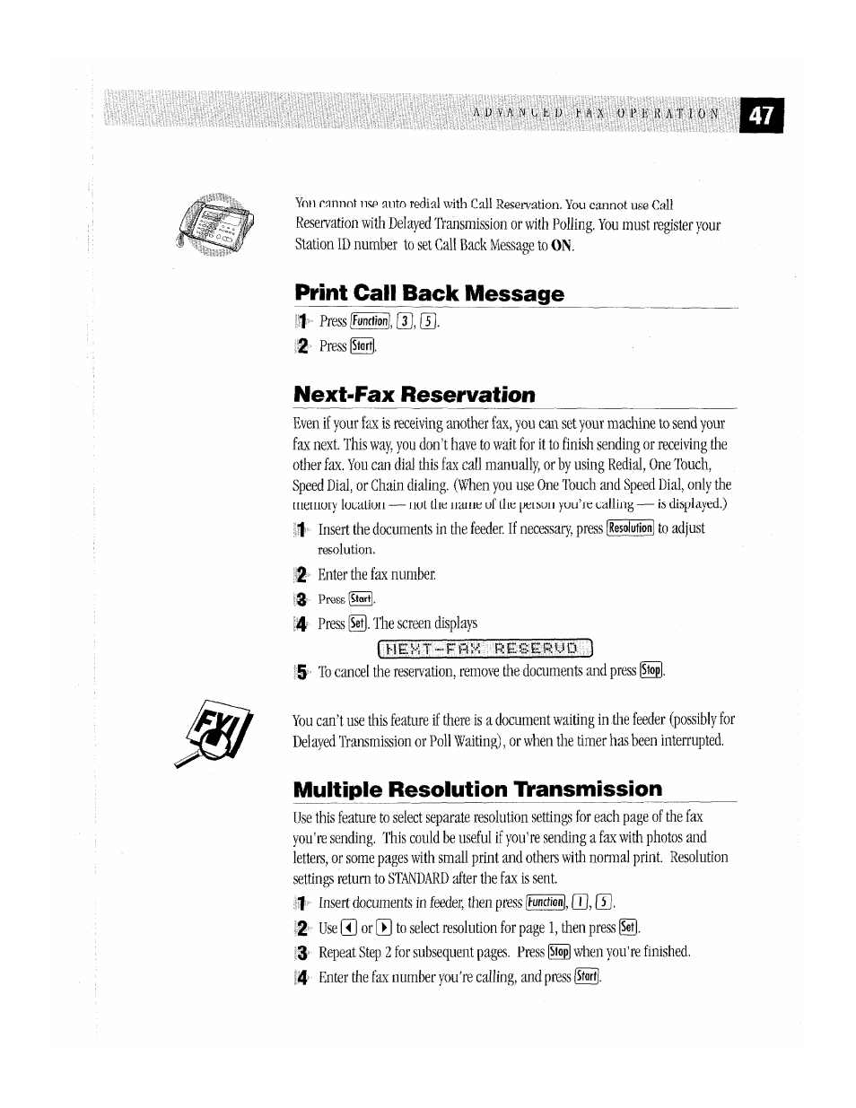 Print call back message, Next-fax reservation, Multiple resolution transmission | Brother MFC-370MC User Manual | Page 55 / 108