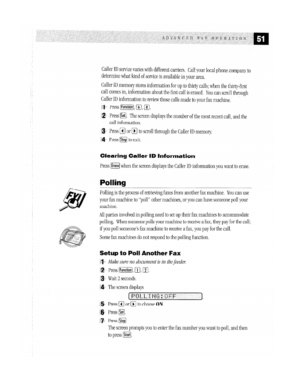 Polling, Clearing caller id information, Setup to poll another fax | Brother MFC-370MC User Manual | Page 59 / 108