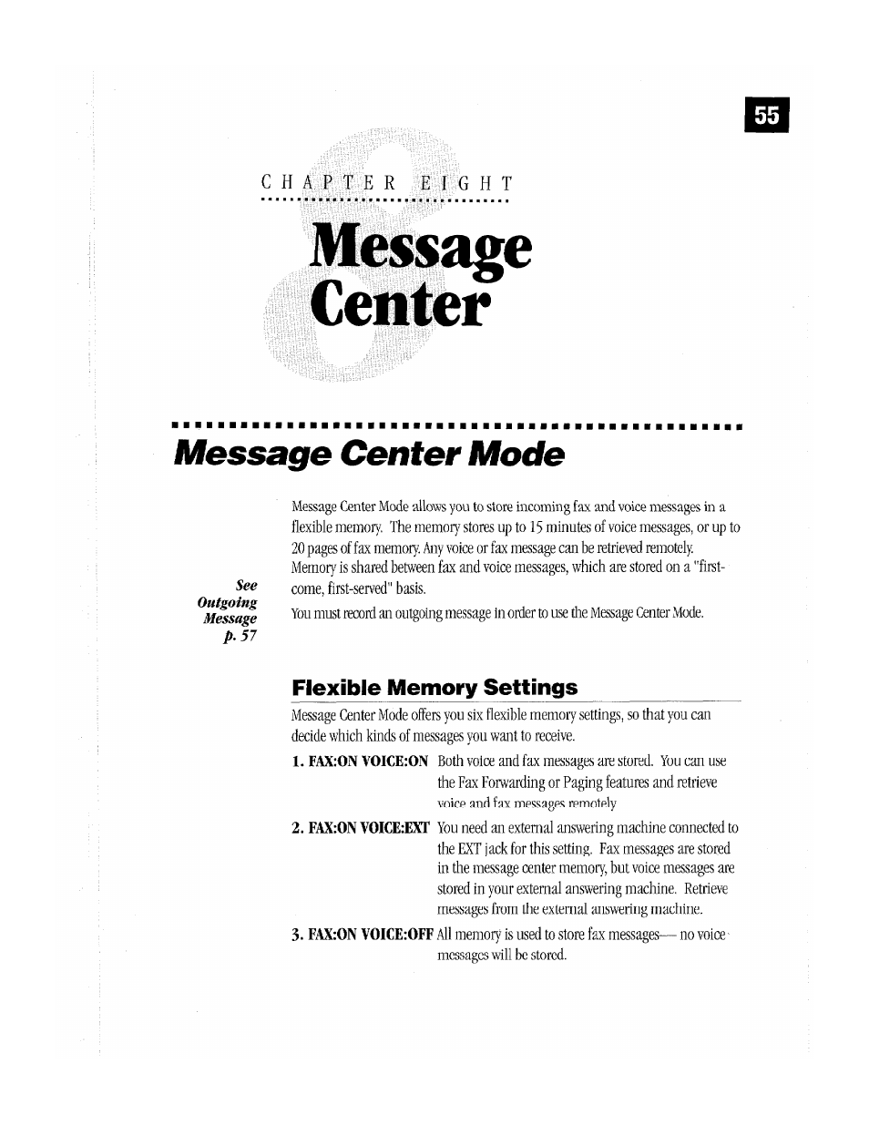 Message center mode, Flexible memory settings, Center | Brother MFC-370MC User Manual | Page 63 / 108