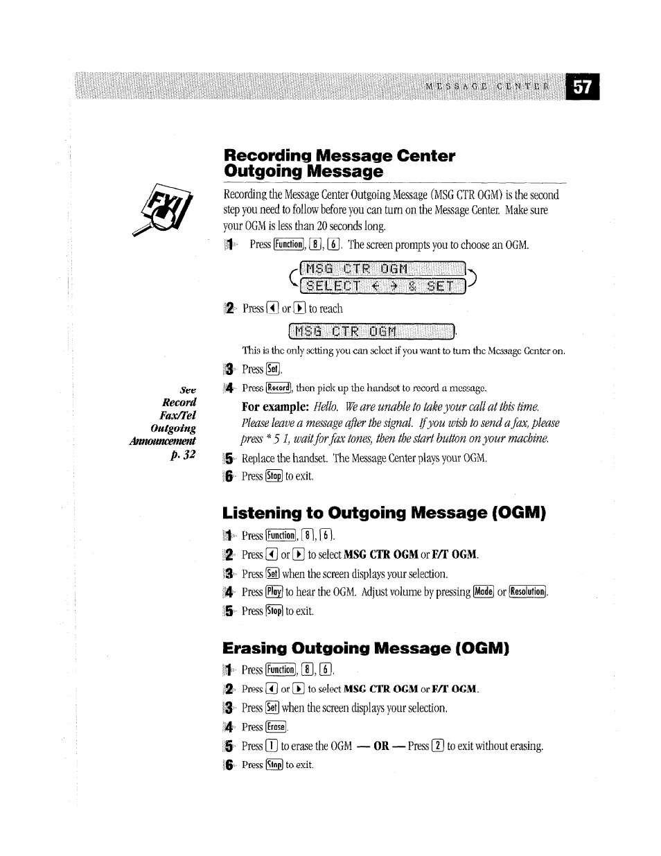 Recording message center outgoing message, Listening to outgoing message (ogm), Erasing outgoing message (ogm) | Iis|i, Ifunctionl [11 | Brother MFC-370MC User Manual | Page 65 / 108