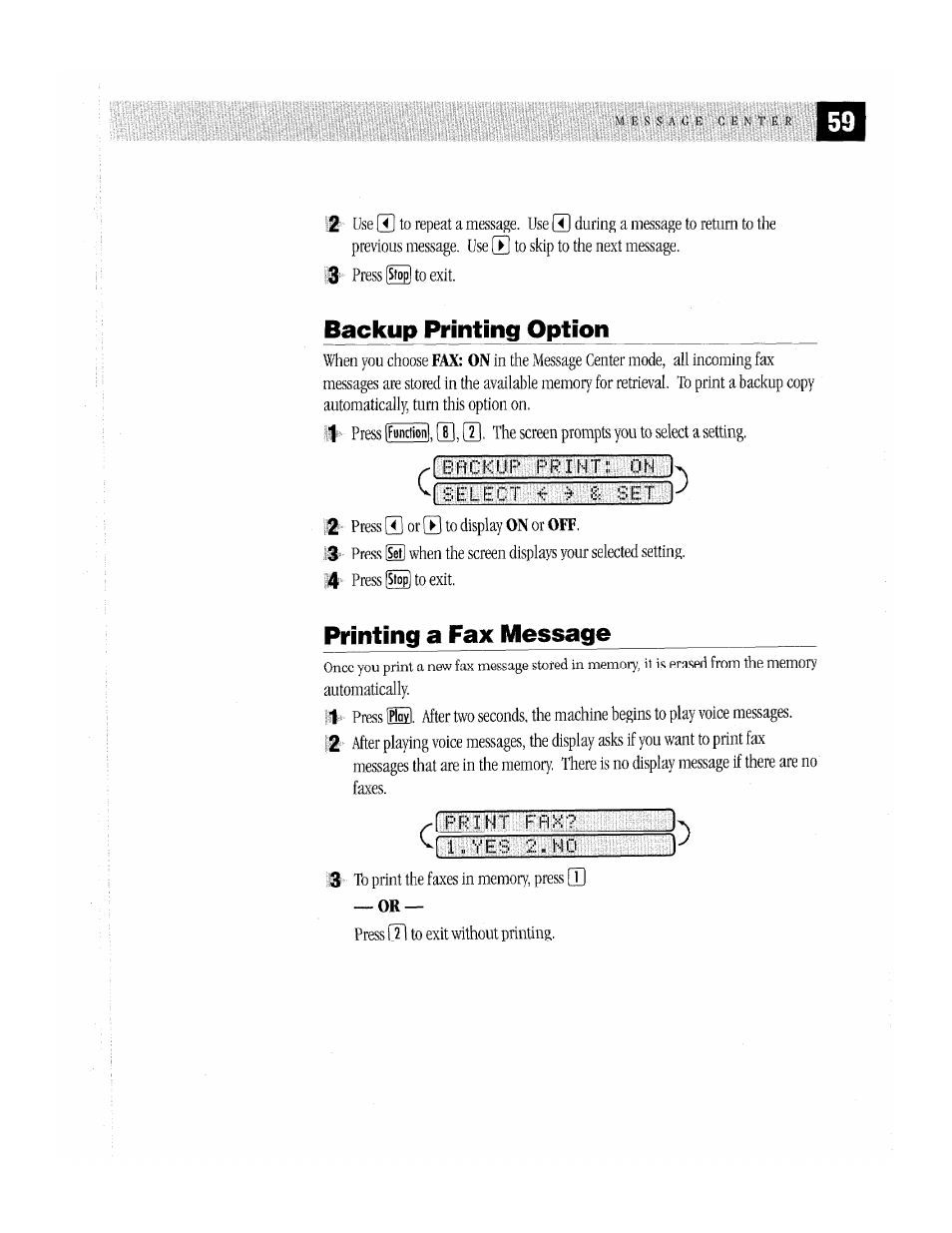 Backup printing option, Printing a fax message, Backup printing option printing a fax message | Brother MFC-370MC User Manual | Page 67 / 108