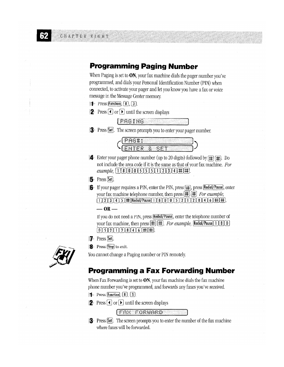 Programming paging number, Programming a fax forwarding number, P flg intb | 1 ehter is: set, Press s | Brother MFC-370MC User Manual | Page 70 / 108