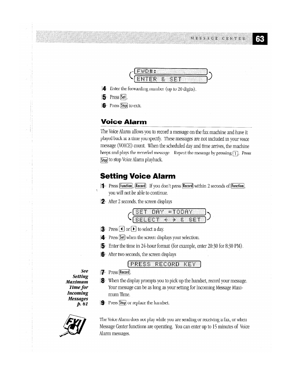 Voice alarm, Setting voice aiarm, Setting voice alarm | Brother MFC-370MC User Manual | Page 71 / 108