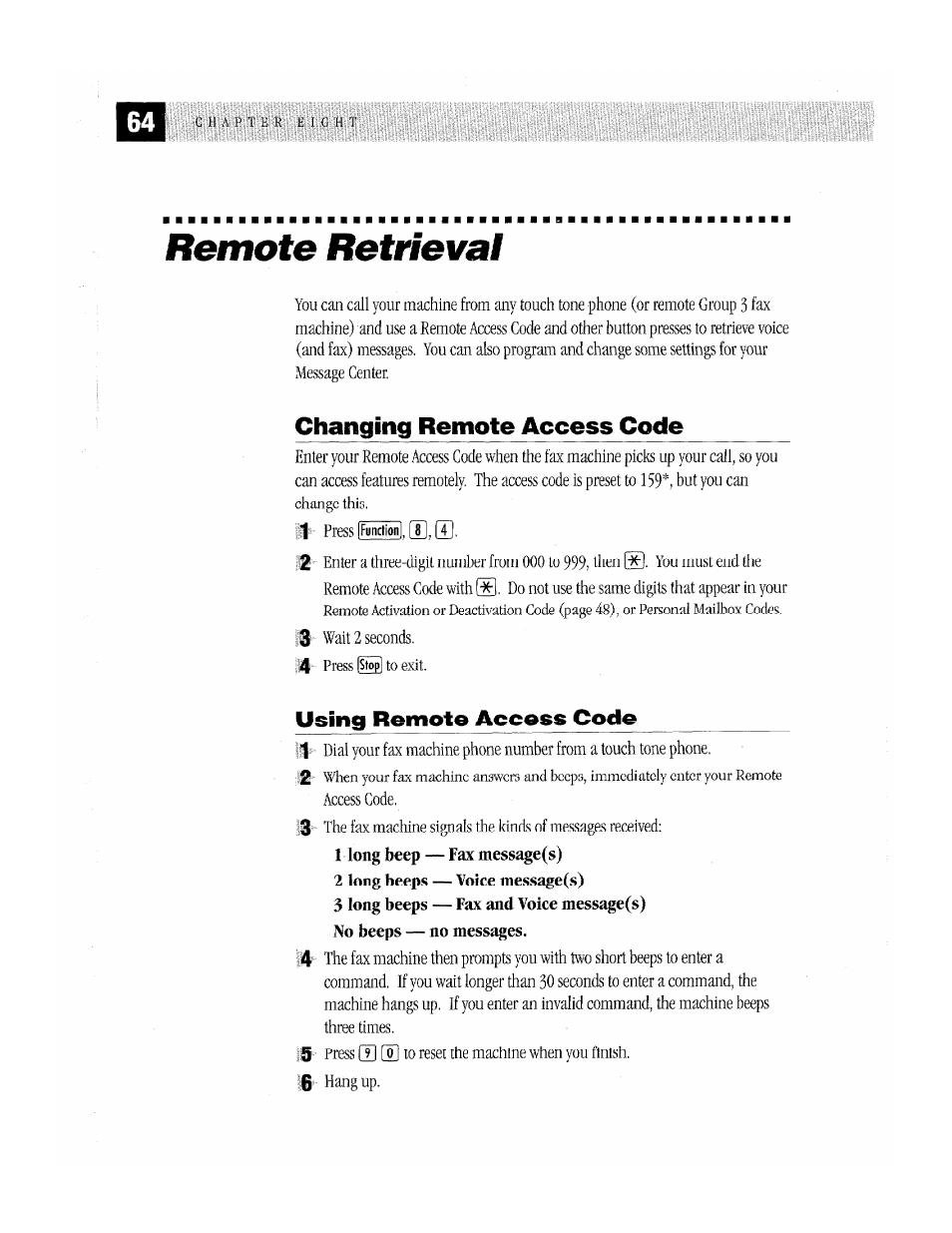 Remote retrieval, Changing remote access code, Using remote access code | Brother MFC-370MC User Manual | Page 72 / 108