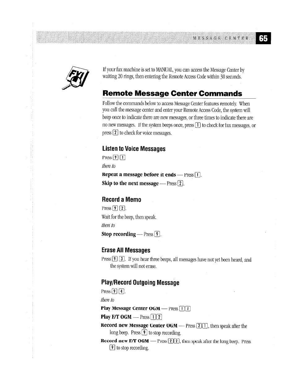 Remote message center commands | Brother MFC-370MC User Manual | Page 73 / 108