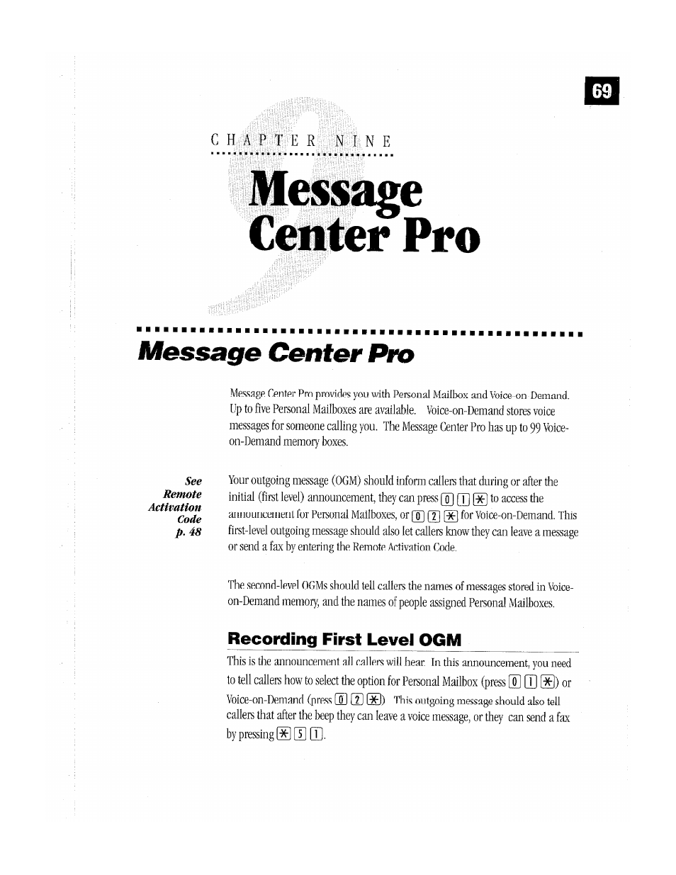 Iheisage center pro, Message center pro, Recording first level ogm | Brother MFC-370MC User Manual | Page 77 / 108
