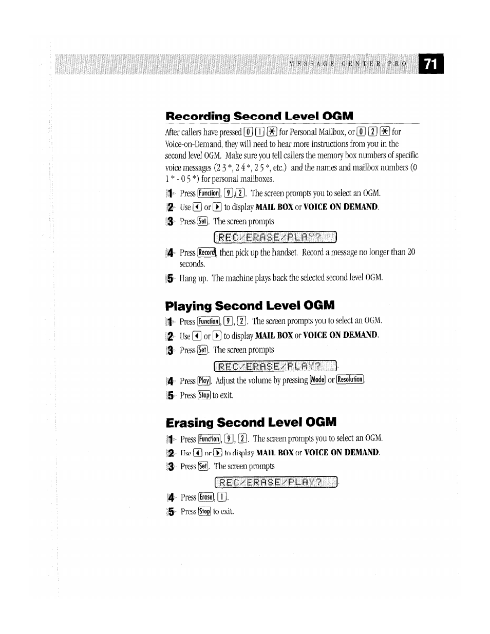 Recording second level ogm, Playing second level ogm, Erasing second level ogm | Erasing first level ogm | Brother MFC-370MC User Manual | Page 79 / 108