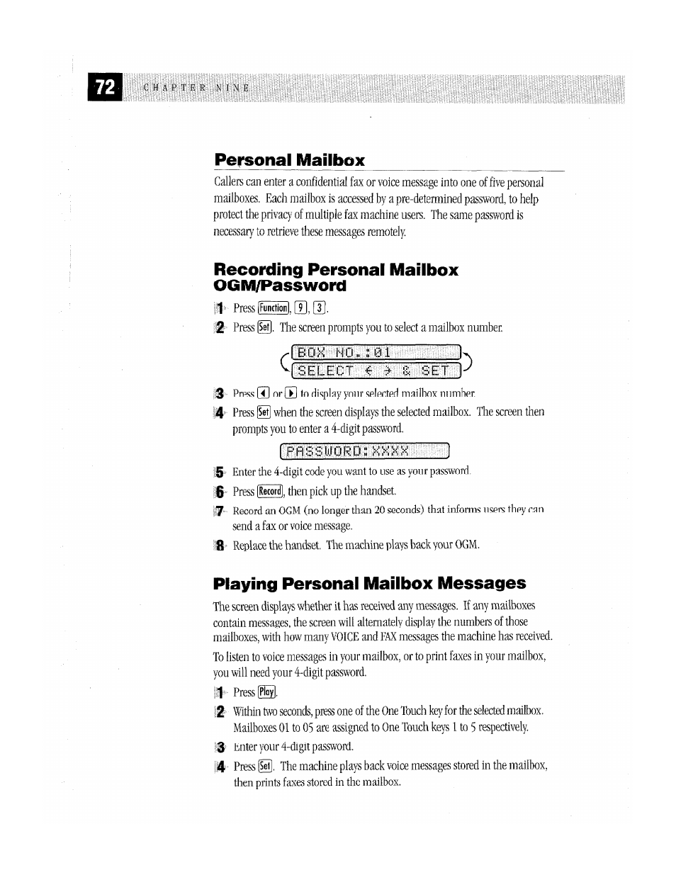 Personal mailbox, Recording personal mailbox ogm/password, Playing personal mailbox messages | Brother MFC-370MC User Manual | Page 80 / 108