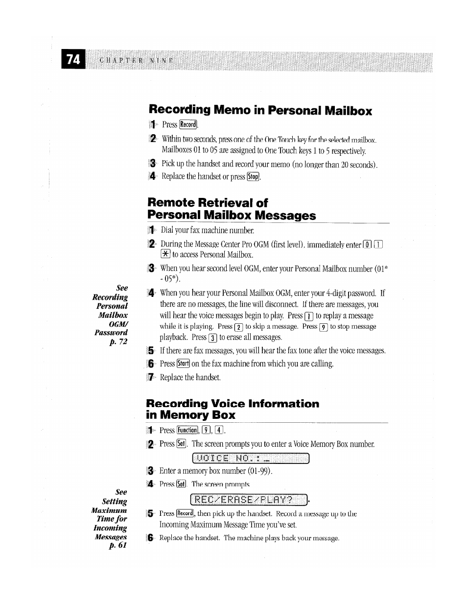Recording memo in personal mailbox, Remote retrieval of personal mailbox messages, Recording voice information in memory box | Brother MFC-370MC User Manual | Page 82 / 108