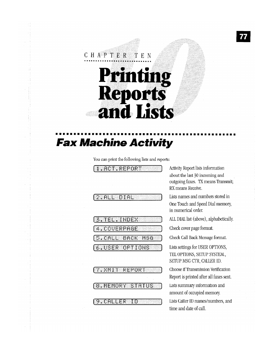 Lists, Fax machine activity, Piipitlll lists | Brother MFC-370MC User Manual | Page 85 / 108