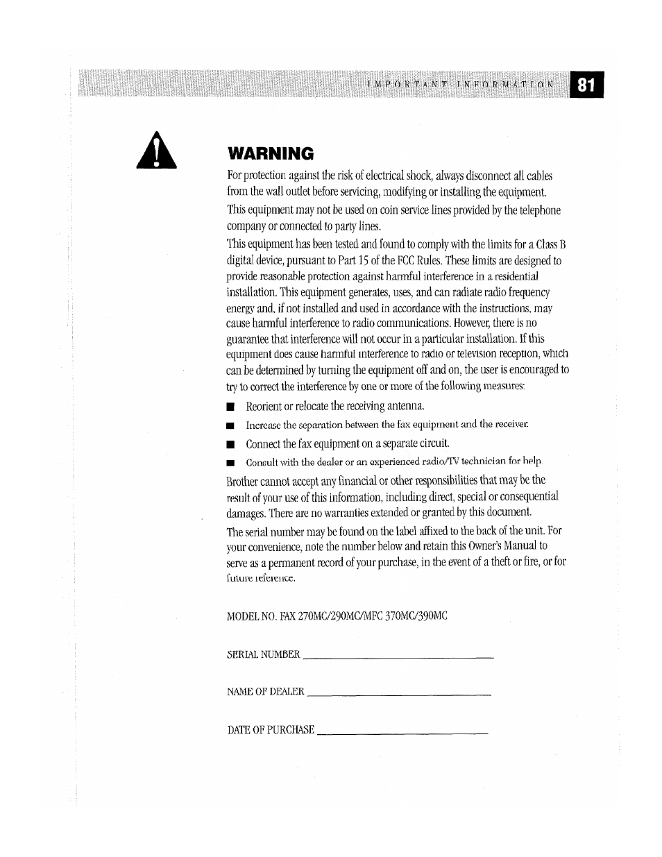 Warning, Mrning | Brother MFC-370MC User Manual | Page 89 / 108