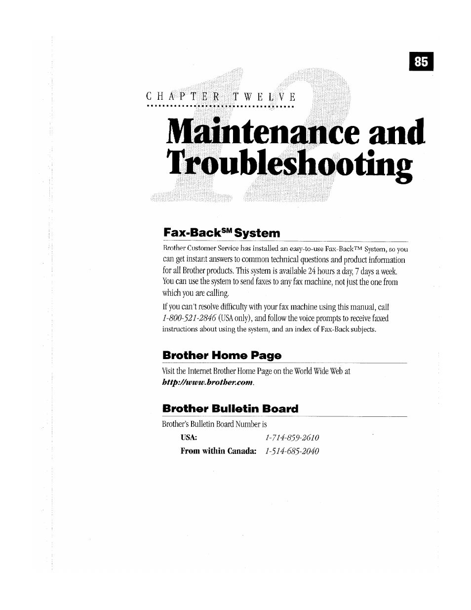 Jhaintenance and troubleshooting, Fax-back^** system, Brother bulletin board | Brother MFC-370MC User Manual | Page 93 / 108