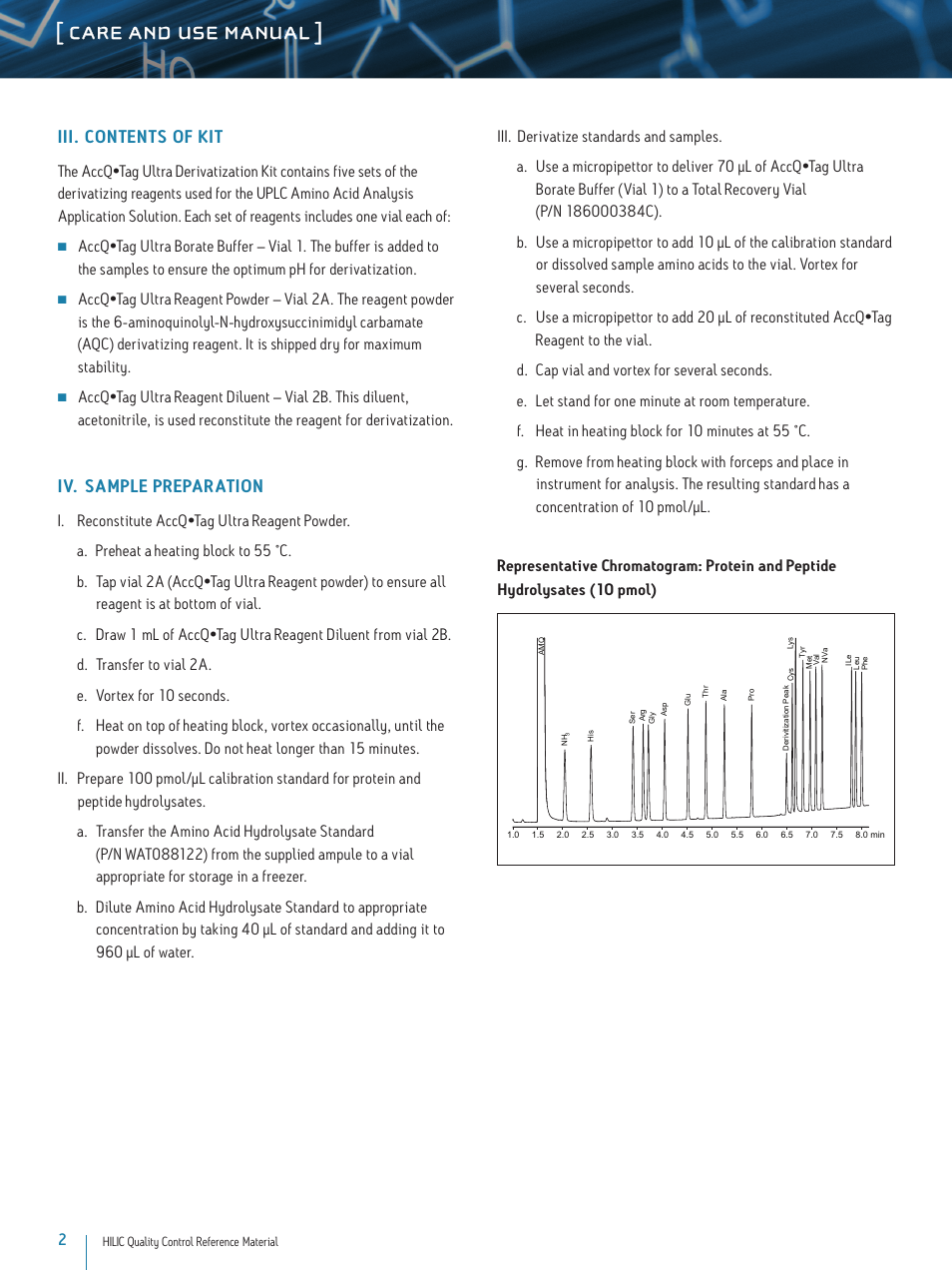 Care and use manual, Iii. contents of kit, Iv. sample preparation | Waters AccQ-Tag Ultra Derivatization Kit User Manual | Page 2 / 3