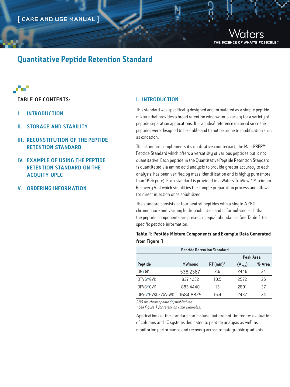 Waters Quantitative Peptide Retention Standard User Manual | 3 pages