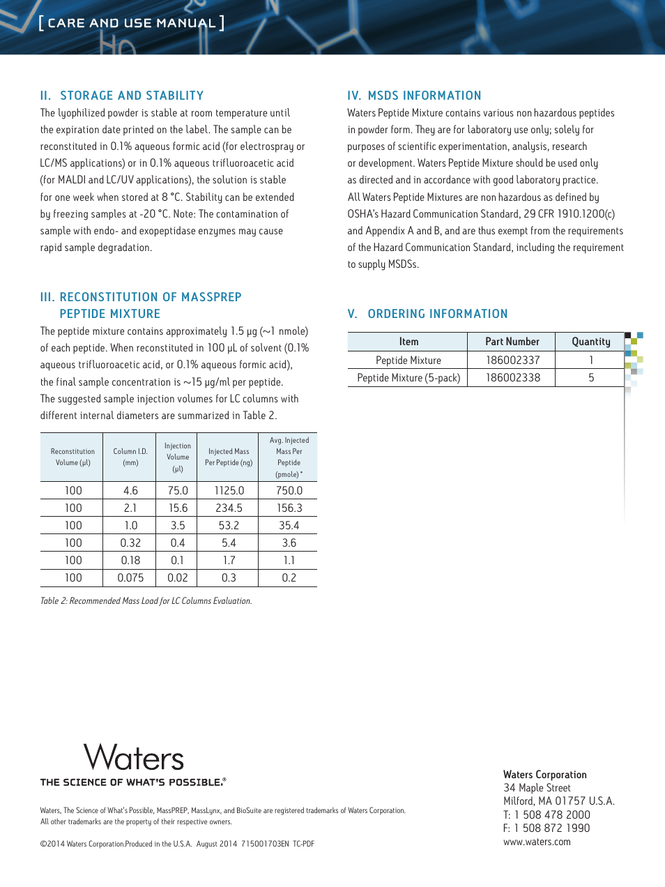 Care and use manual | Waters MassPREP Peptide Mix Standard User Manual | Page 2 / 2