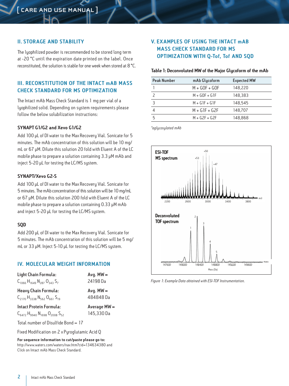 Care and use manual, Ii. storage and stability, Iv. molecular weight information | Waters Intact mAb Mass Check Standard User Manual | Page 2 / 3