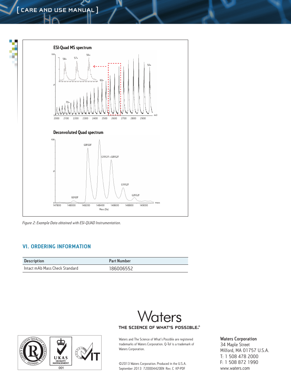 Care and use manual, Vi. ordering information, Esi-quad ms spectrum deconvoluted quad spectrum p | Waters Intact mAb Mass Check Standard User Manual | Page 3 / 3