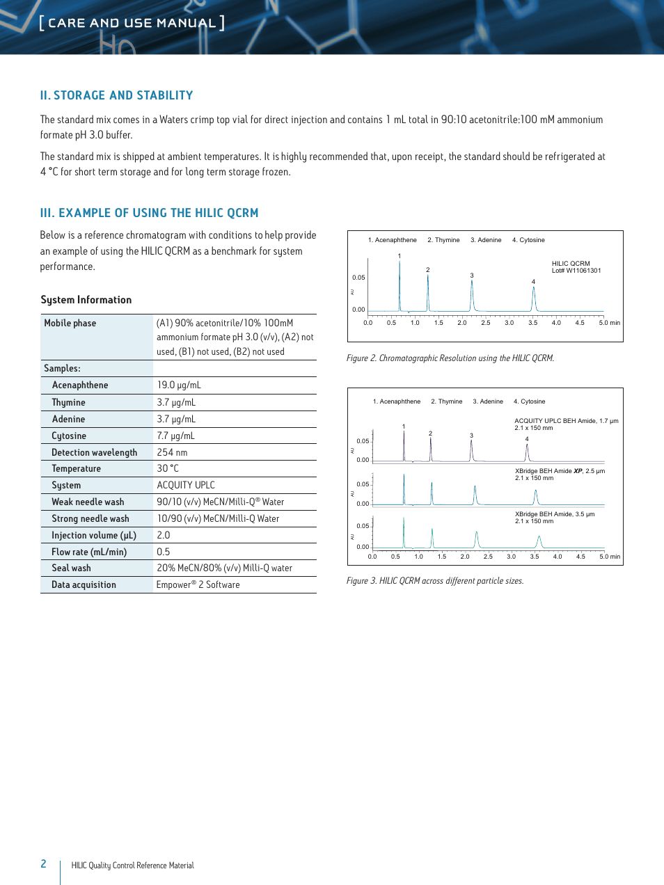 Care and use manual, Ii. storage and stability, Iii. example of using the hilic qcrm | Waters HILIC QC Reference Material User Manual | Page 2 / 3