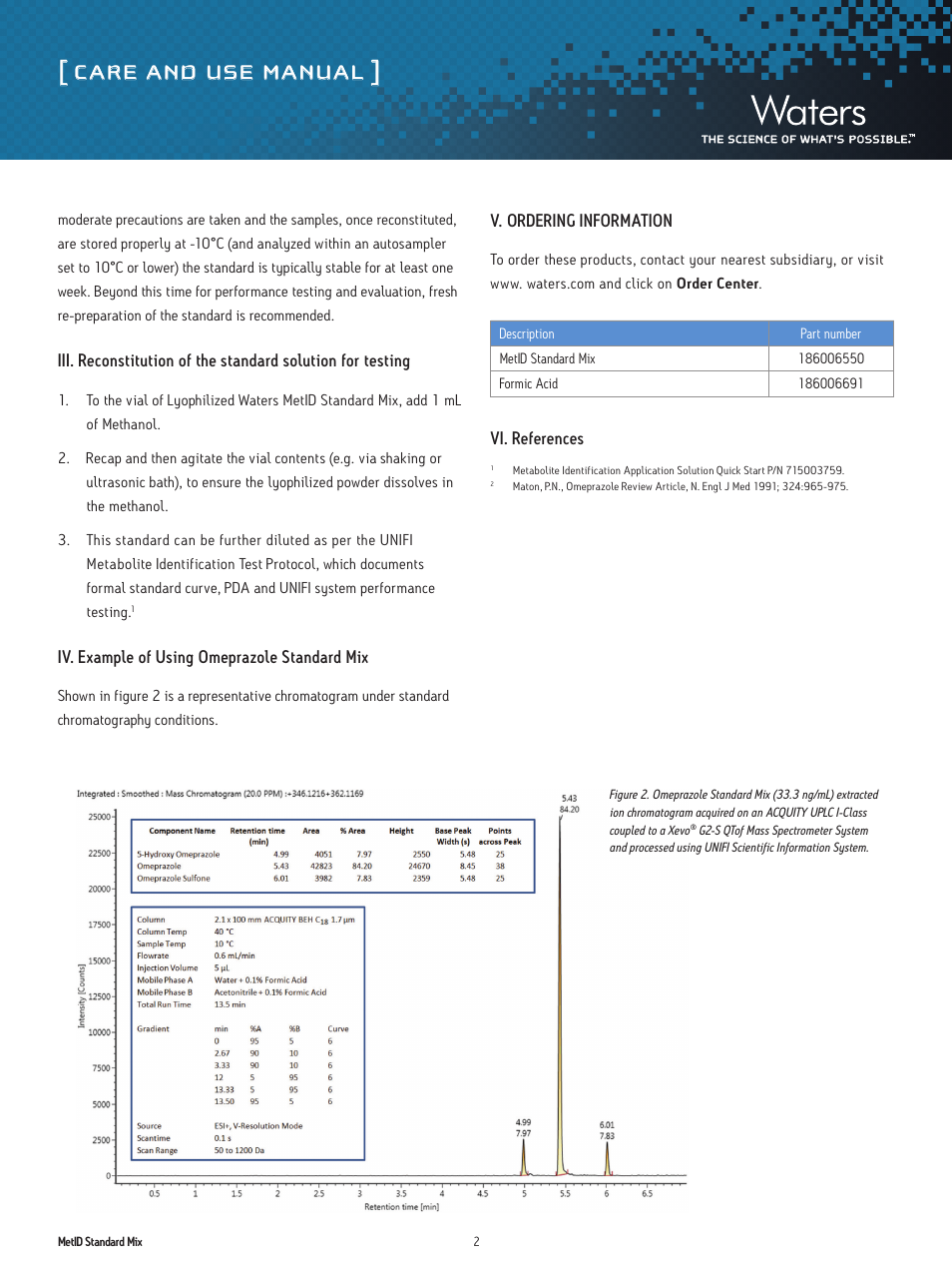 Care and use manual, Iv. example of using omeprazole standard mix, V. ordering information | Vi. references | Waters MetID Small Molecule Standard Mix User Manual | Page 2 / 3