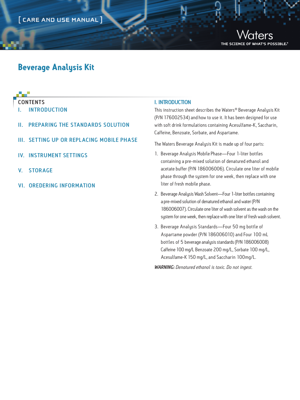 Waters Beverage Analysis Kit User Manual | 3 pages