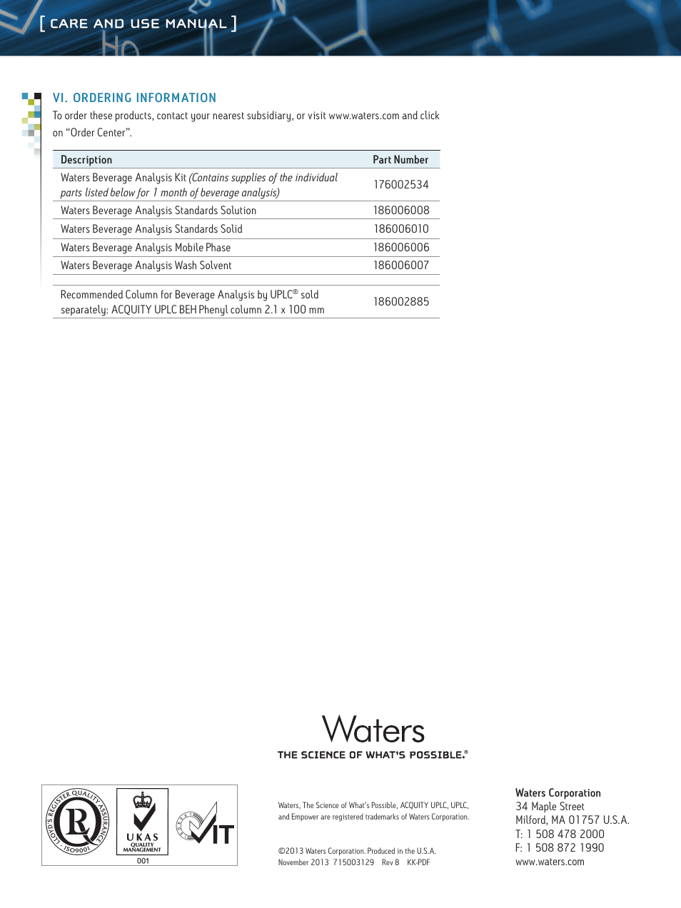Care and use manual | Waters Beverage Analysis Kit User Manual | Page 3 / 3
