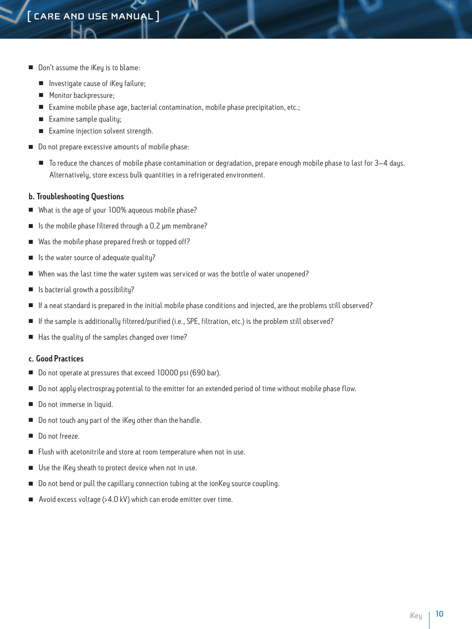 Care and use manual, B. troubleshooting questions, C. good practices | Waters iKey User Manual | Page 10 / 11